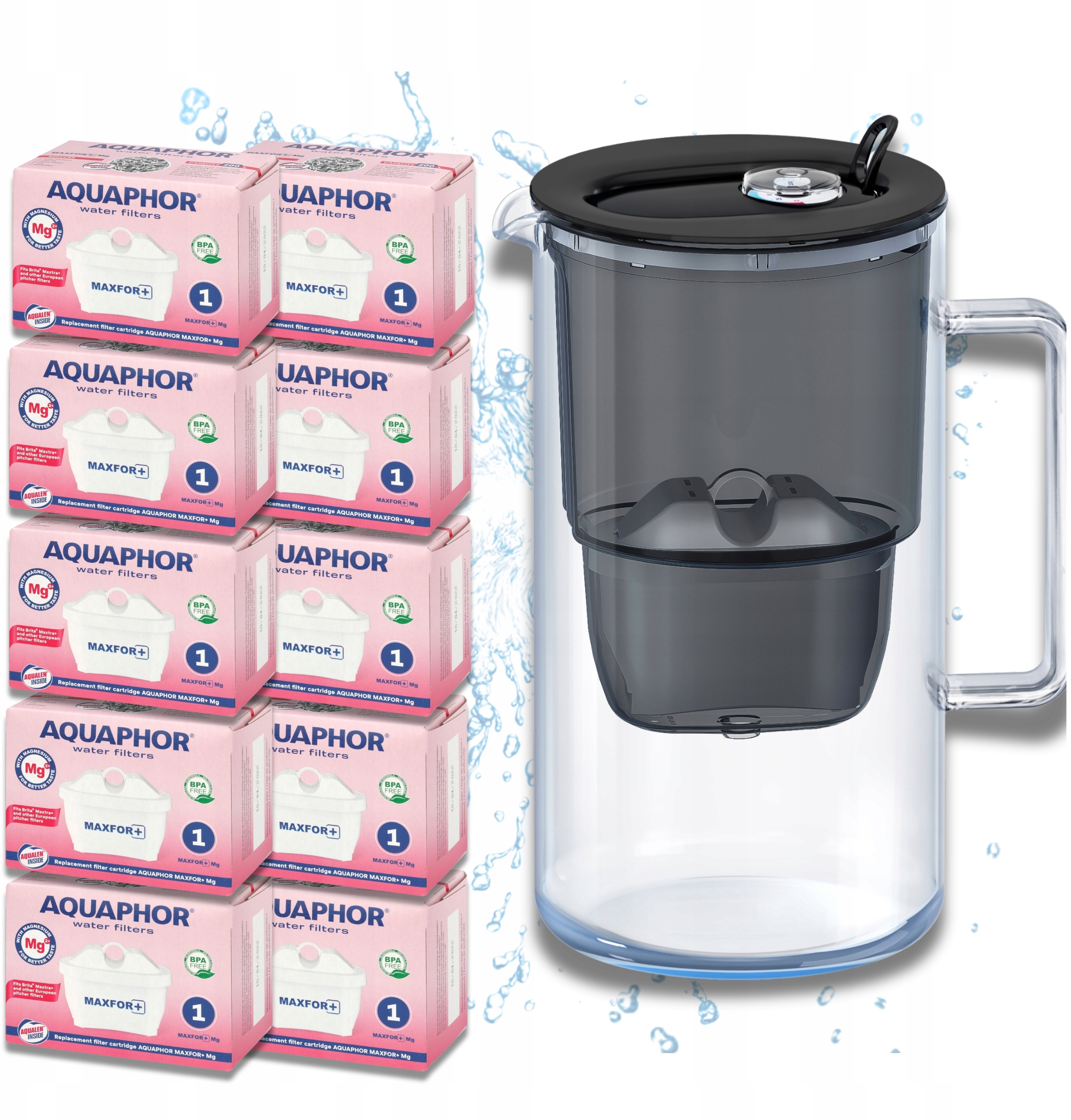 Dzbanek filtrujący Aquaphor Glass czarny + 10 wkładów Maxfor+ Mg – Woda w Twoim domu
