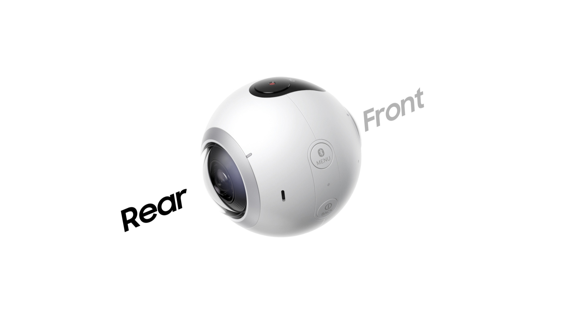 Zdjęcie Gear 360 z boku, z widoczną tylną soczewką, skierowaną w lewo.