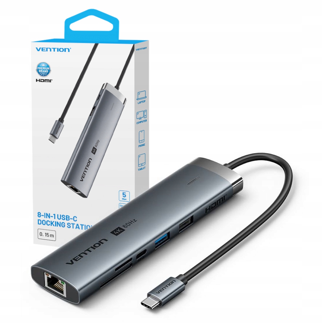 Stacja dokująca USB-C 8w1 Vention 4K 60Hz 100W PD 0.15m – Wydajność i funkcjonalność w jednym