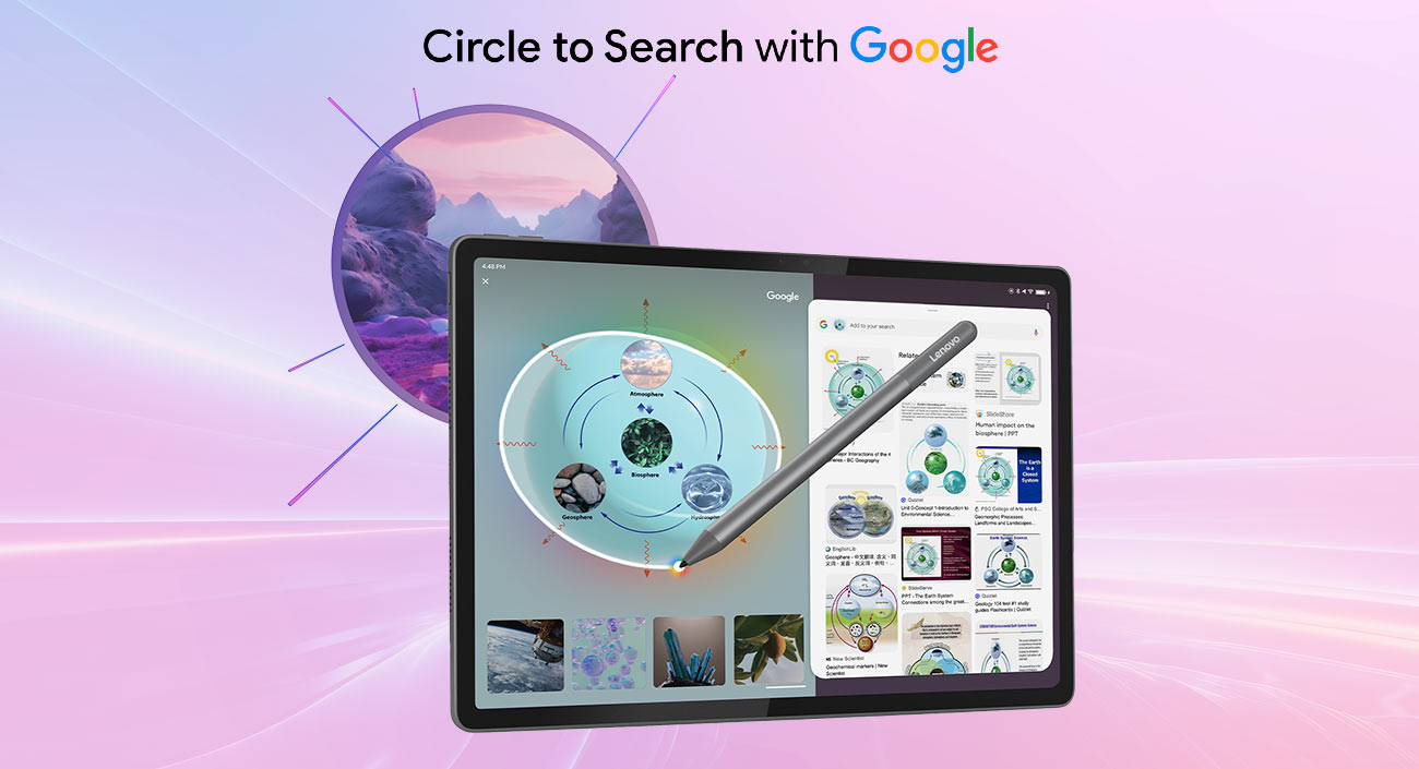 Na ekranie tabletu Idea Tab Plus uruchomiona aplikacja i funkcja circle to search, przed ekranem rysik
 