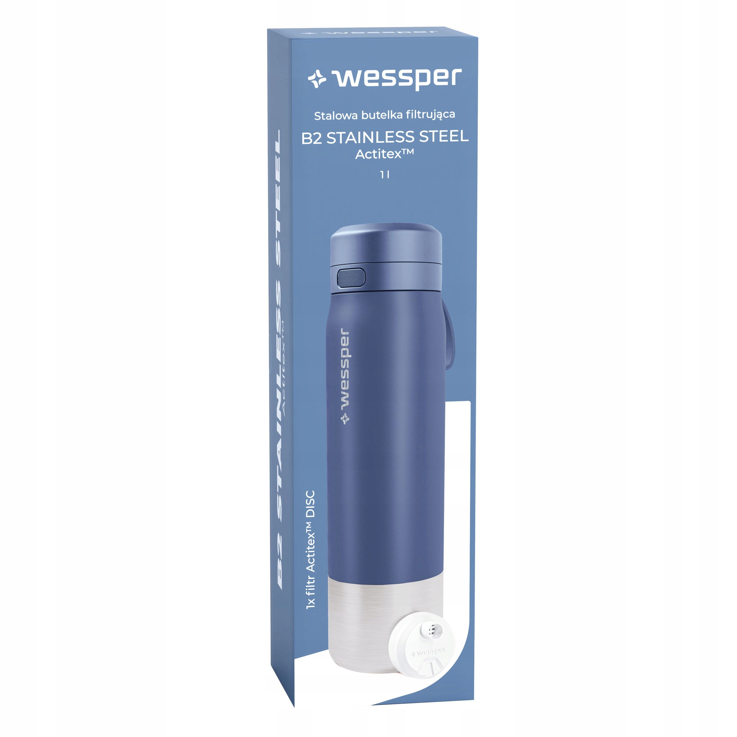 Butelka filtrująca Wessper B2 STAINLESS STEEL Actitex™ 1000ml – Niebieska