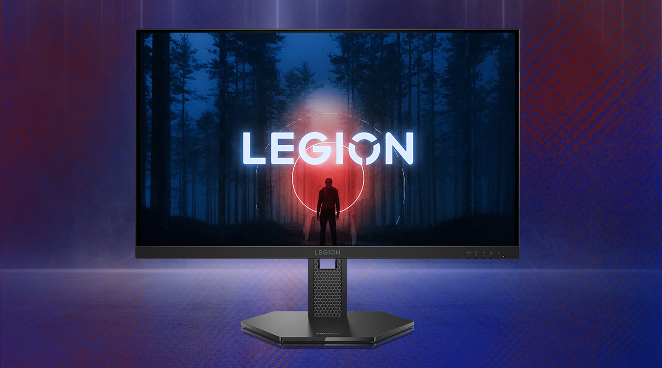 Monitor Lenovo Legion 27-10 z kolorową tapetą i logotypem Legion na ekranie