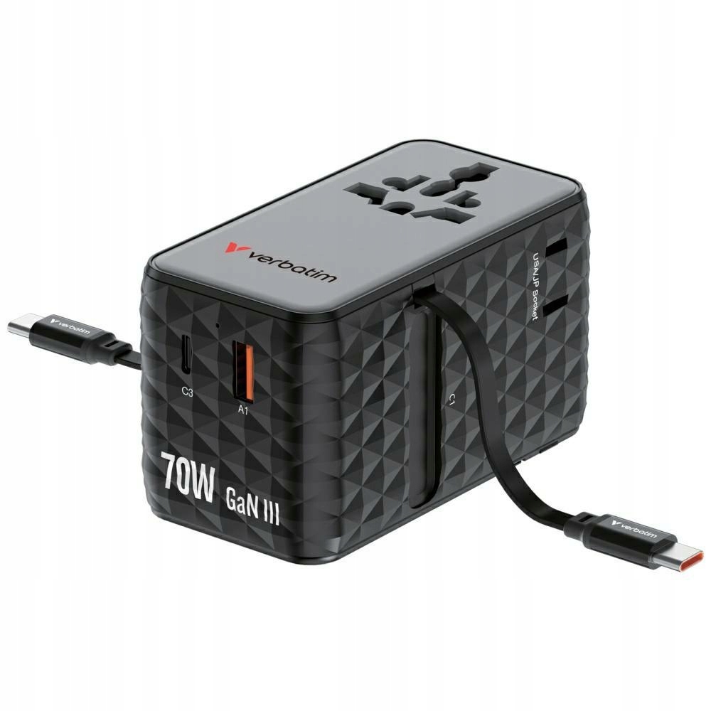 Adapter podróżny Verbatim EU/UK/US GaN 1xUSB-C/1xUSB-A/2xUSB-C PD 70W – Twój idealny towarzysz w podróży