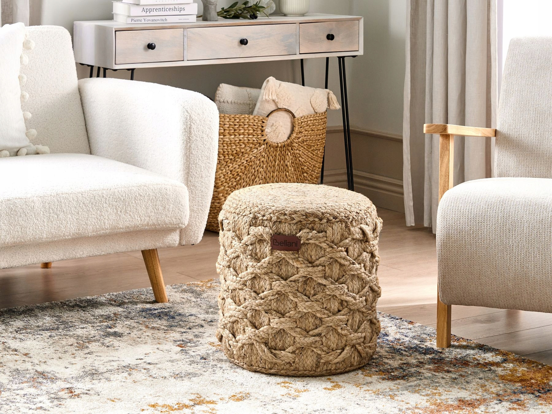 Puf z juty ⌀ 40 cm beżowy TURKAN Lumarko – Stylowy dodatek do Twojego wnętrza