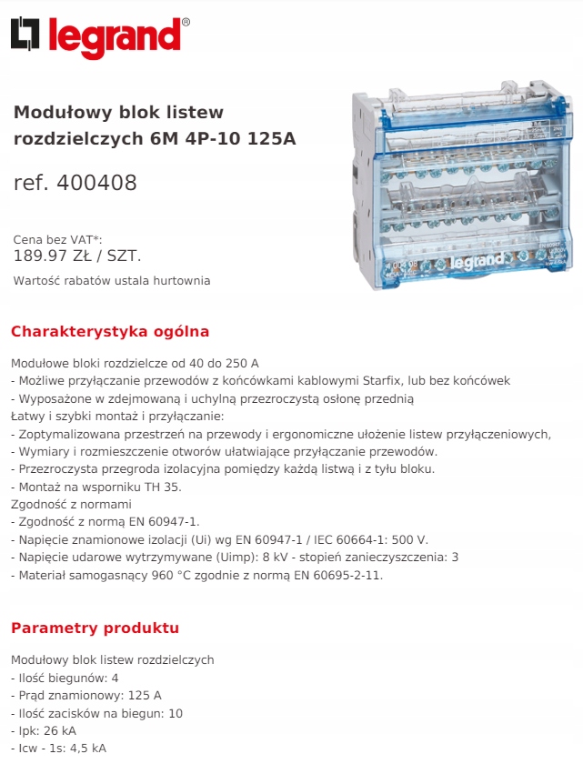 Legrand Modułowy blok rozdzielczy 1 6M 4P 125A 400408 – Niezawodne rozwiązanie dla Twojej instalacji