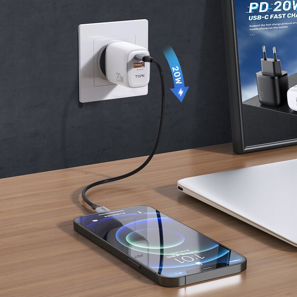 Szybka Ładowarka sieciowa USB + USB C PD 20W Topk Kod producenta B10EU0203A