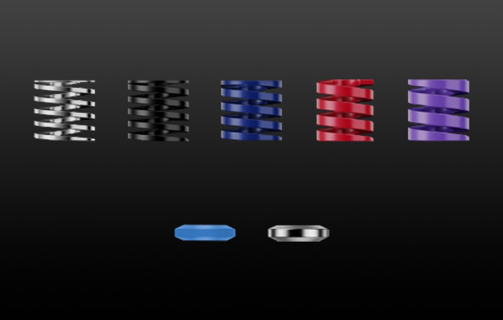 Pięć spręźyn w kolorach srebrnym, czarnym, granatowym, czerwonym i fioletowym, a pod nimi mniejsze dwa elementy (niebieski i srebrny).