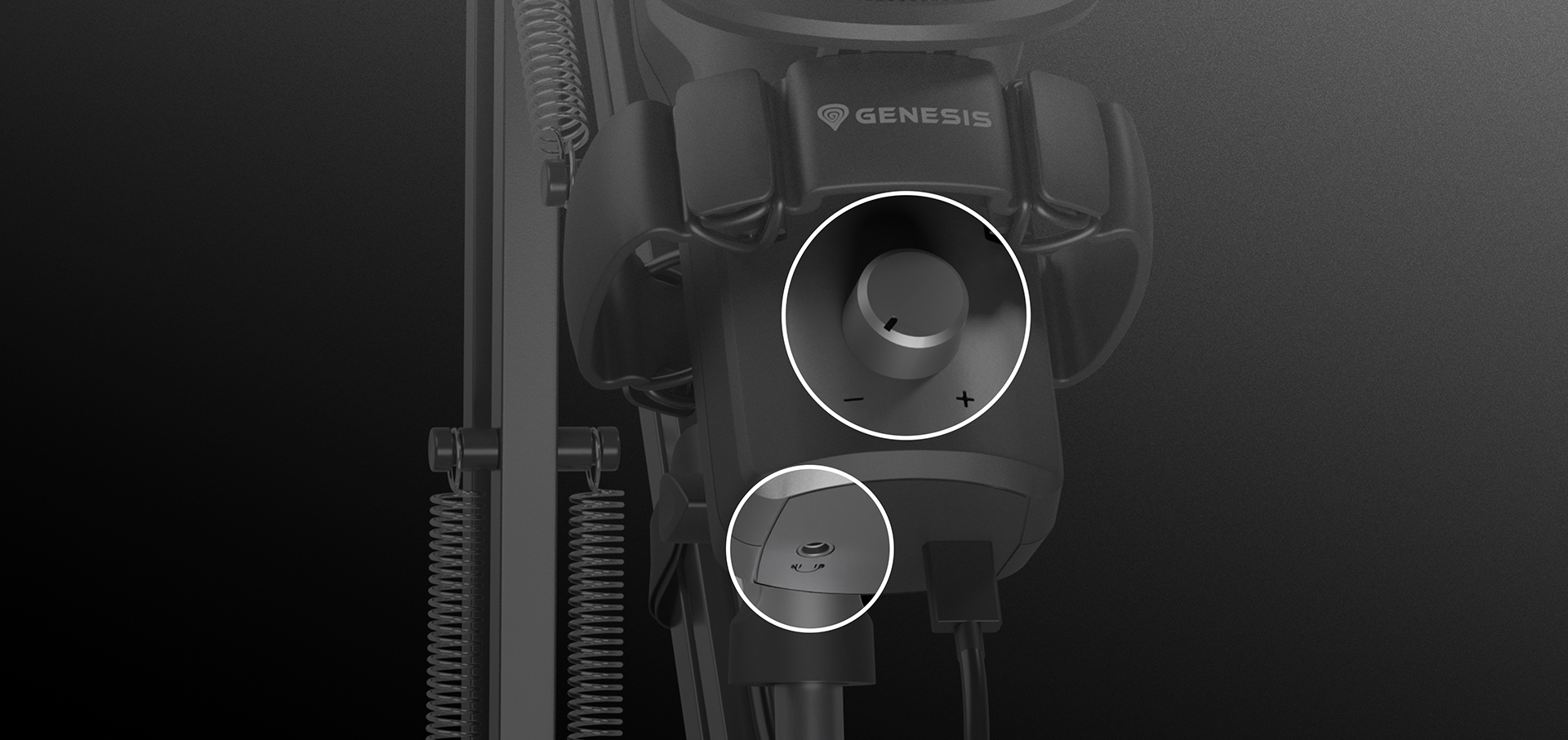 Zbliżenie elementów sterujących mikrofonu Genesis Radium 251 USB z pokrętłem głośności i portem USB w czarnym kolorze