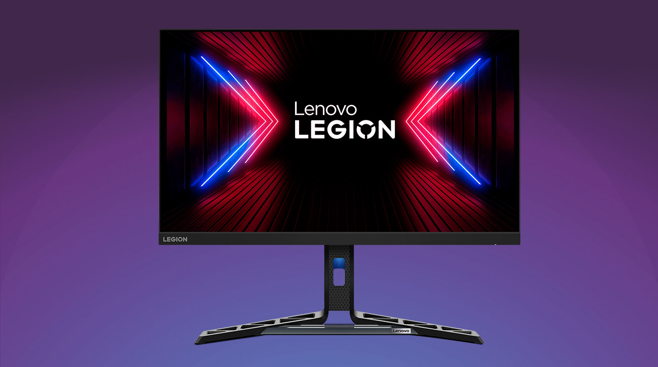 Monitor Lenovo R27q-30 przodem, na ekranie kolorowa grafika oraz logotyp Lenovo Legion