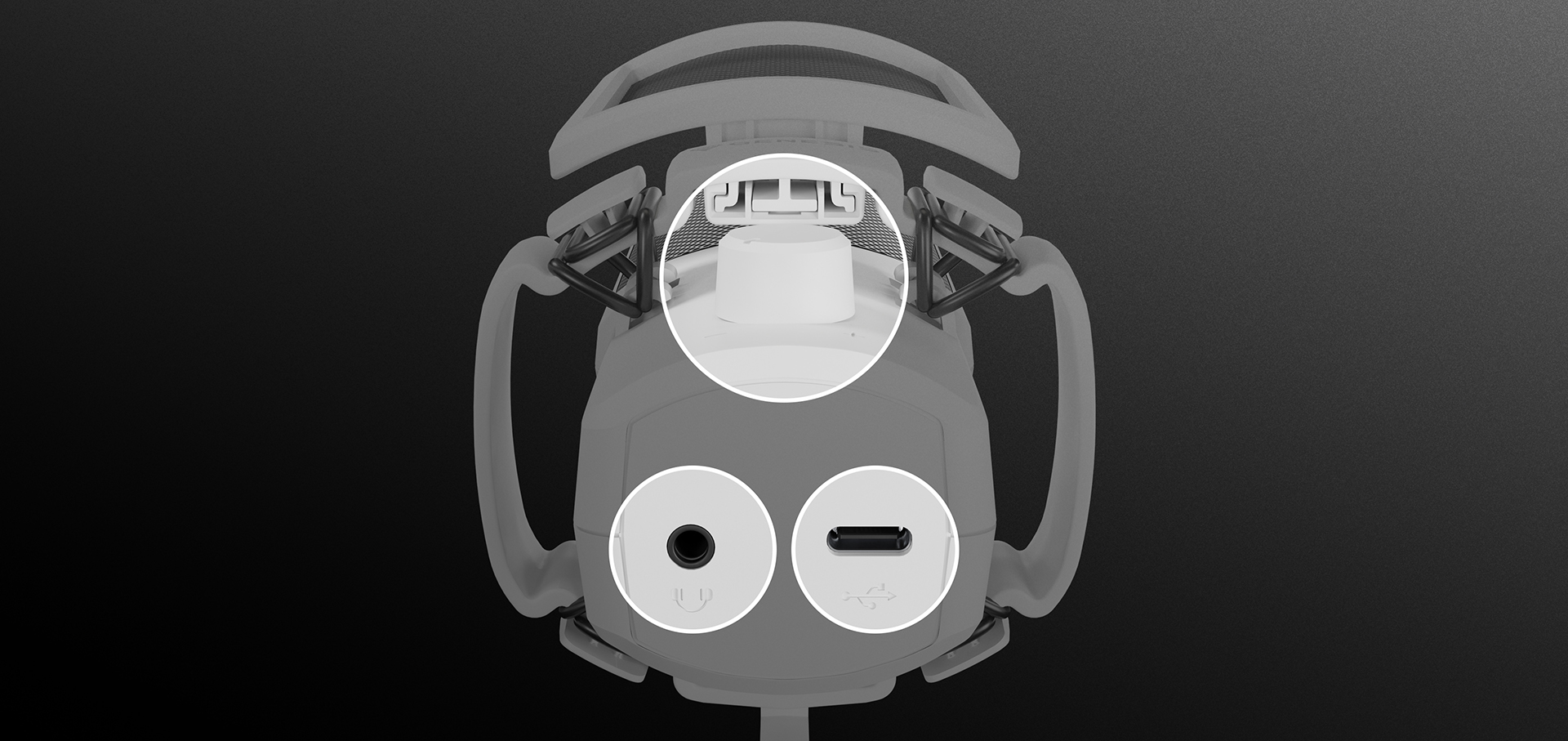 Widok z góry mikrofonu Genesis Radium 250 USB pokazujący złącza USB-C i gniazdo słuchawkowe, z elegancką białą konstrukcją