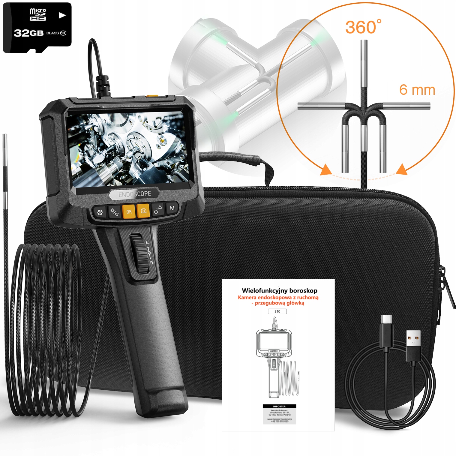 ENDOSKOP INSPEKCYJNY OBROTOWY 360° LED EKRAN SD 32GB IP67 2m KAMERA S10 6mm – Nowoczesne narzędzie do inspekcji