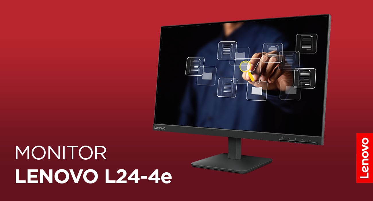 Monitor Lenovo L24-4e z ciemną tapetą na ekranie na której jest widoczna dłoń wskazującą na foldery
