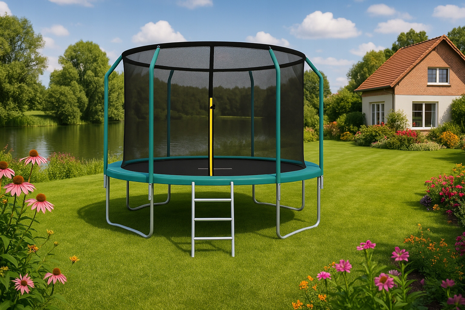 Trampolina ogrodowa dla dzieci 435cm z siatką zewnętrzną i drabinką – Bezpieczna zabawa w Twoim ogrodzie