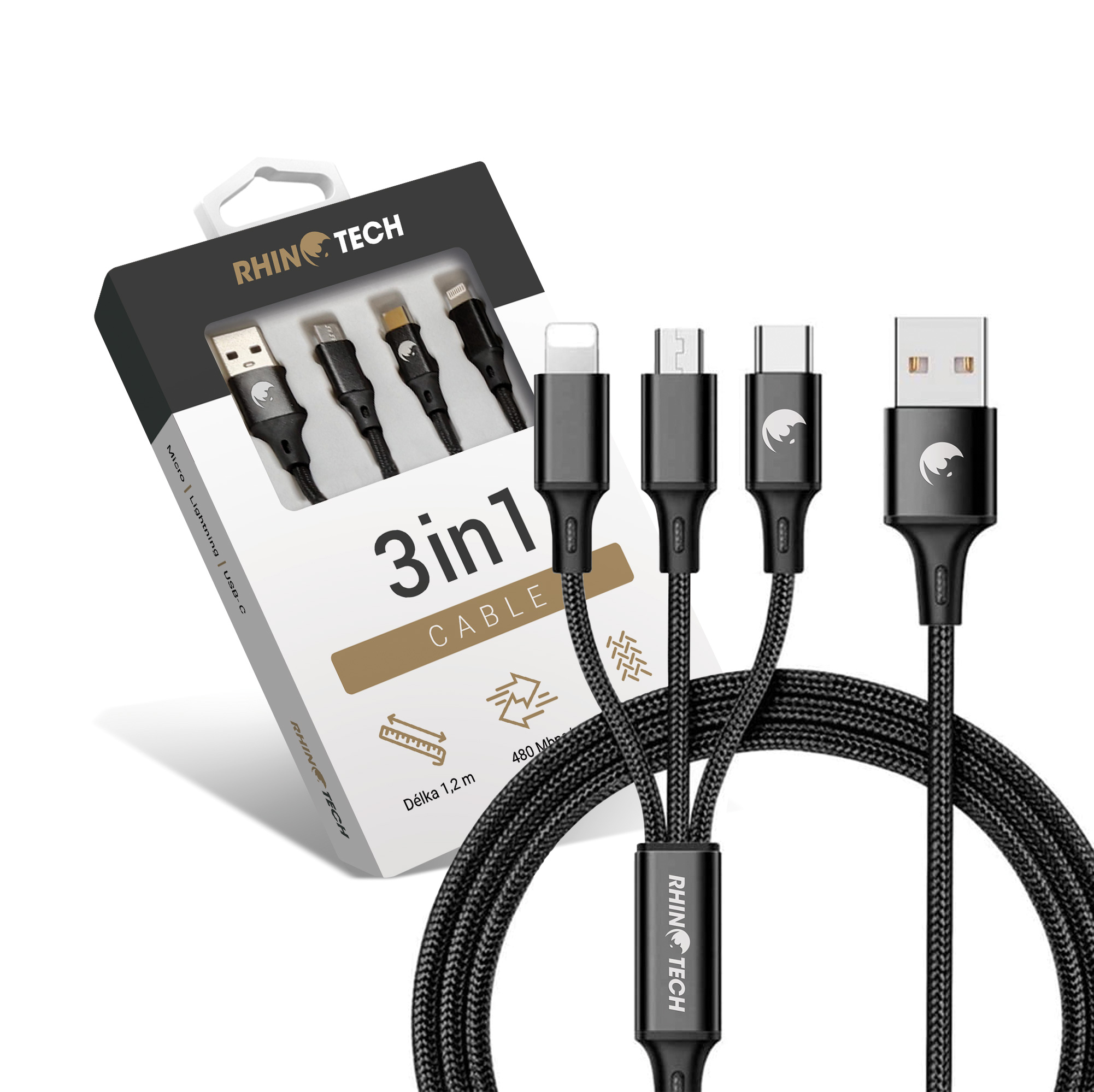 Kabel 3v1 USB-A Micro + Lightning + Type-C 1.2m czarny – Uniwersalne rozwiązanie do ładowania