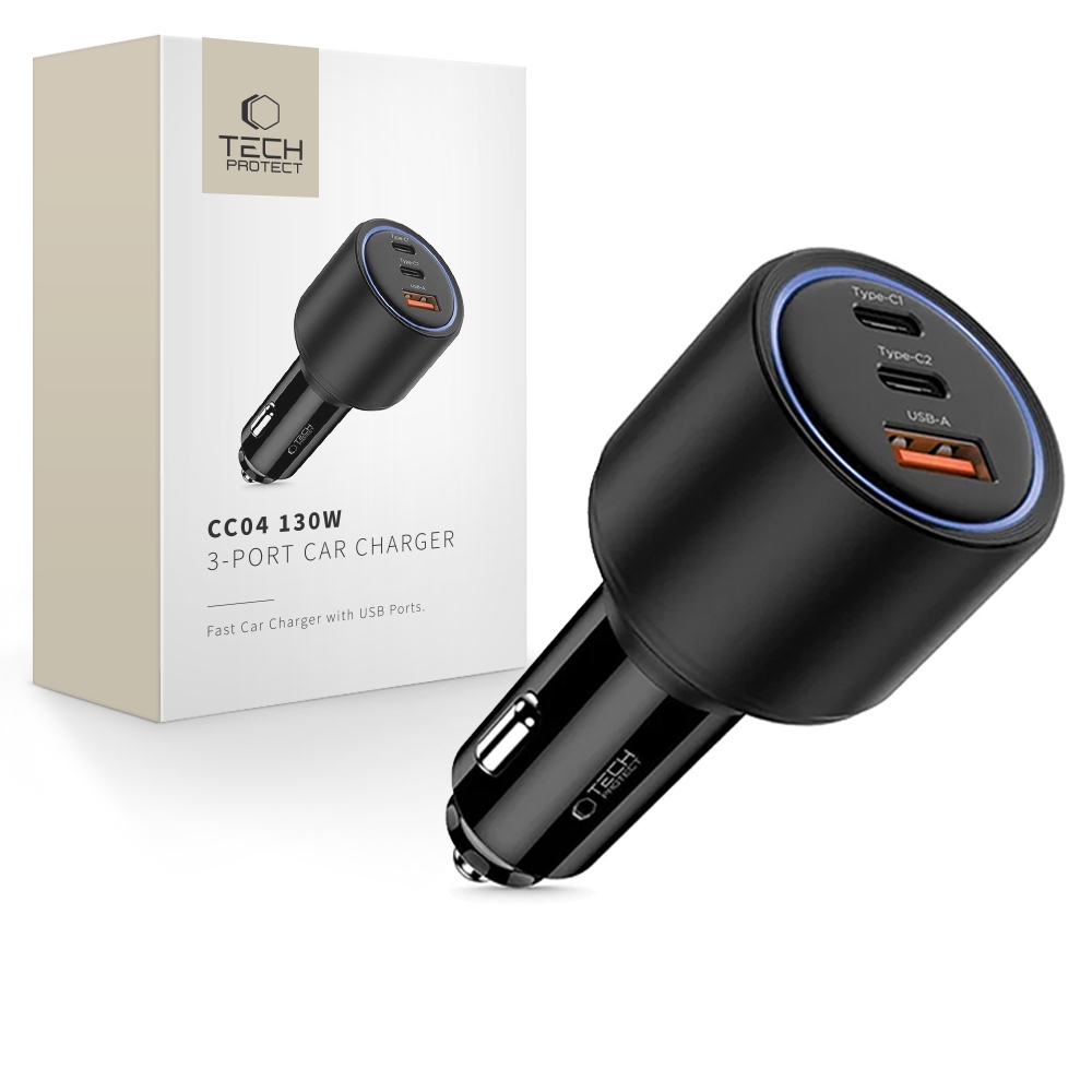 TECH-PROTECT CC04 3-PORT CAR CHARGER PD130W BLACK – Szybkie i bezpieczne ładowanie w podróży