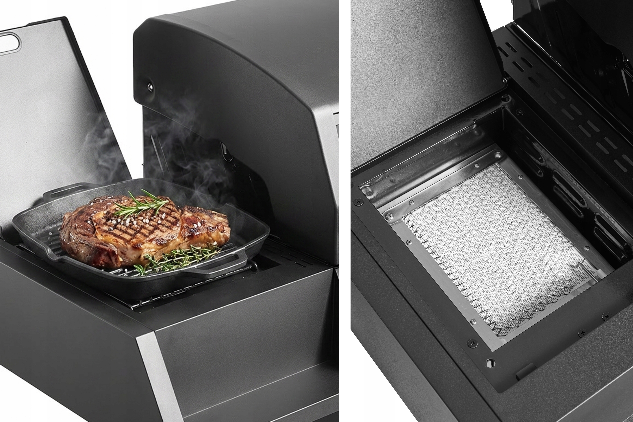 Grill gazowy Ogrodowy ŻELIWNY LEHMANN 4+1 premium 17,2 kW + szafka na butlę Cechy dodatkowe kółka miejsce na butlę nienagrzewający się uchwyt palnik boczny do gotowania pojemnik na tłuszcz pokrowiec pokrywa półka regulacja temperatury szafka termometr wiatrochron wyświetlacz