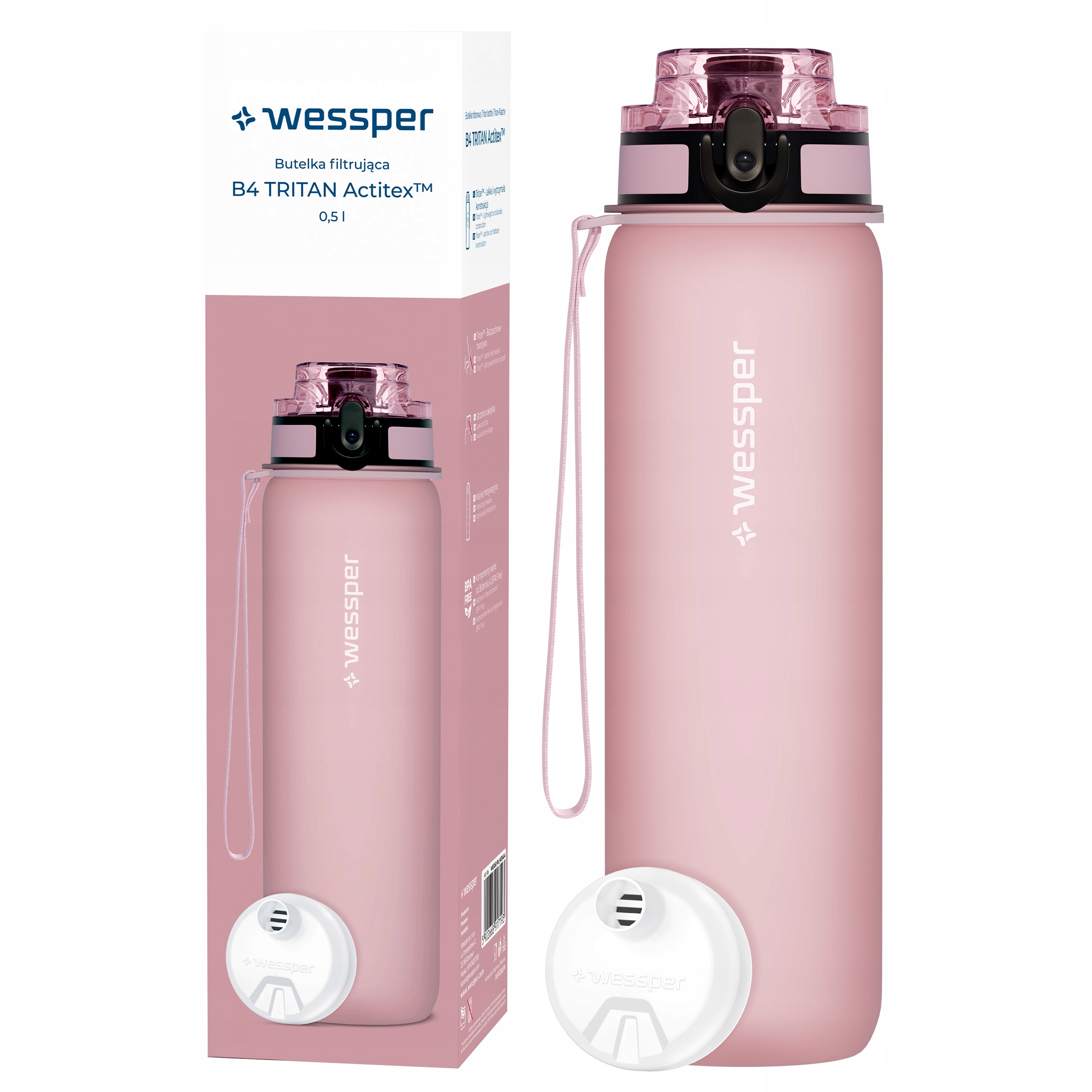 Butelka filtrująca Wessper B4 TRITAN Actitex™ 500ml – Różowa i funkcjonalna