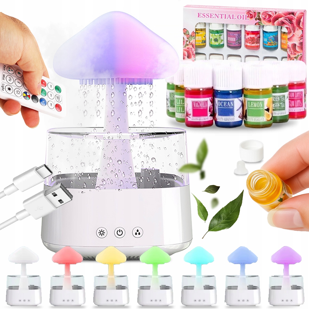Nawilżacz powietrza dyfuzor aromaterapia lampka LED chmurka grzybek deszcz –