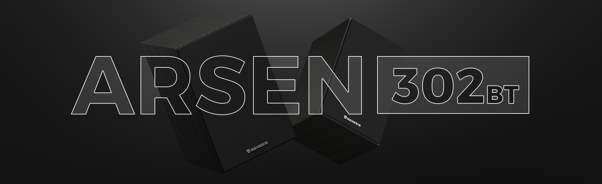 Czarne głośniki Genesis Arsen 302BT 2.0 ustawione pod kątem, prezentujące elegancki design na ciemnym tle.
