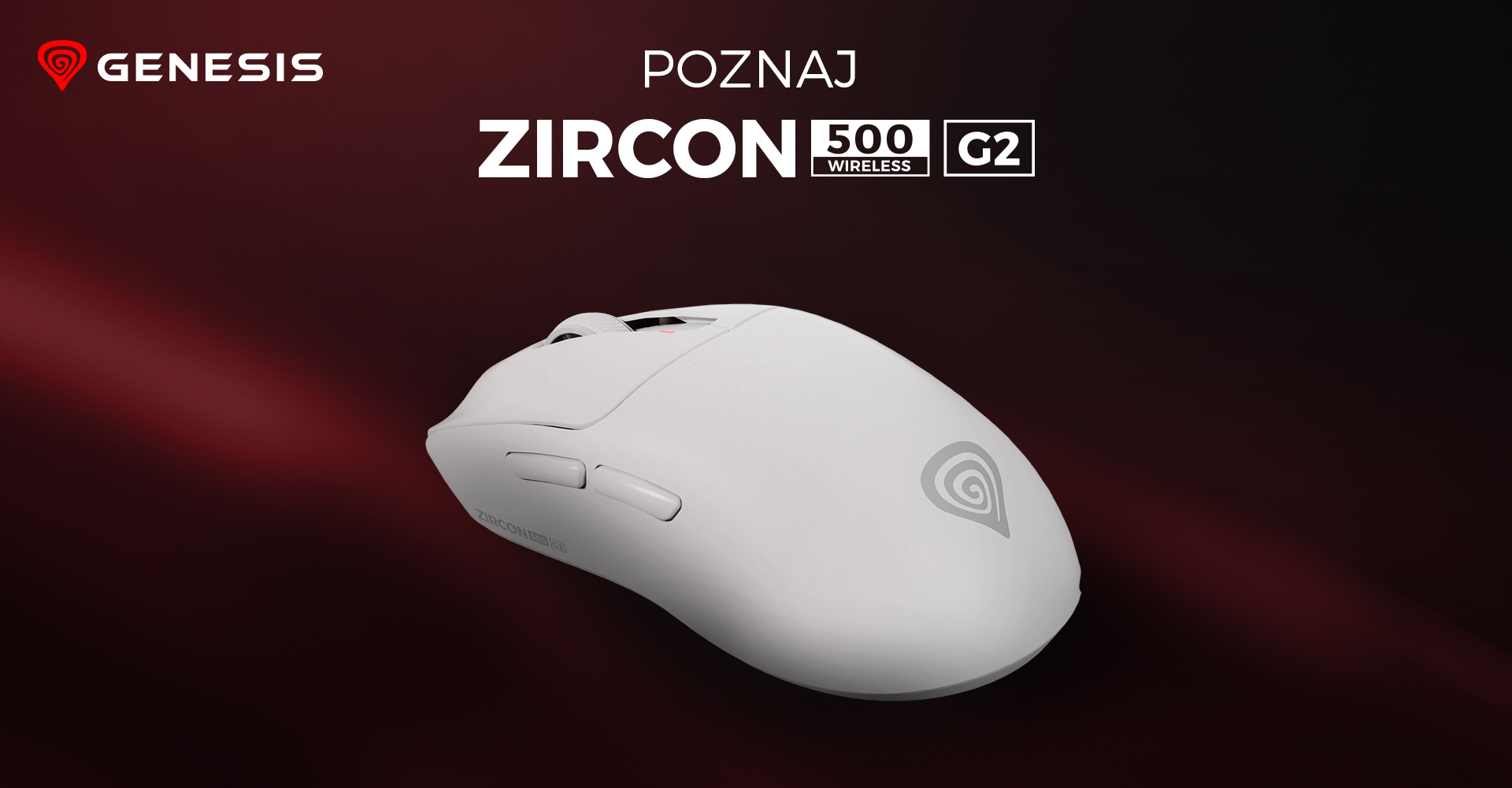 Biała bezprzewodowa mysz do gier o eleganckim wyglądzie, z czułością 10 000 DPI i widocznym logo na ciemnym tle