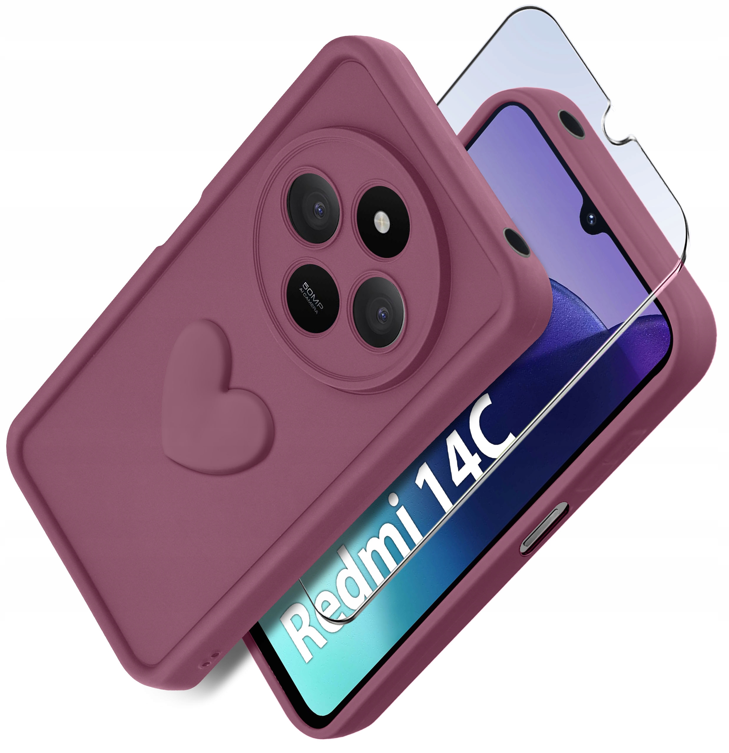 Etui do Xiaomi Redmi 14C silikonowe MATOWE serce + Szkło ochronne na ekran 9H – Idealna ochrona dla Twojego smartfona