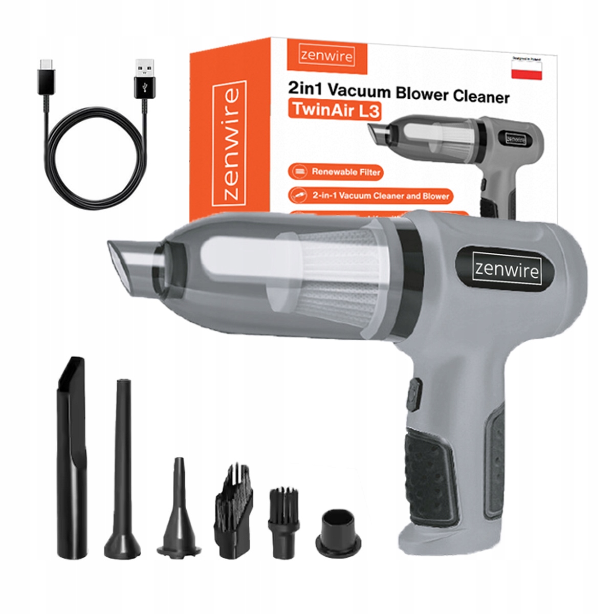 Odkurzacz Ręczny Samochodowy Bezprzewodowy 2w1 Dmuchawa Sprężone Powietrze Zenwire TwinAir L3 – Wydajność i wszechstronność w jednym