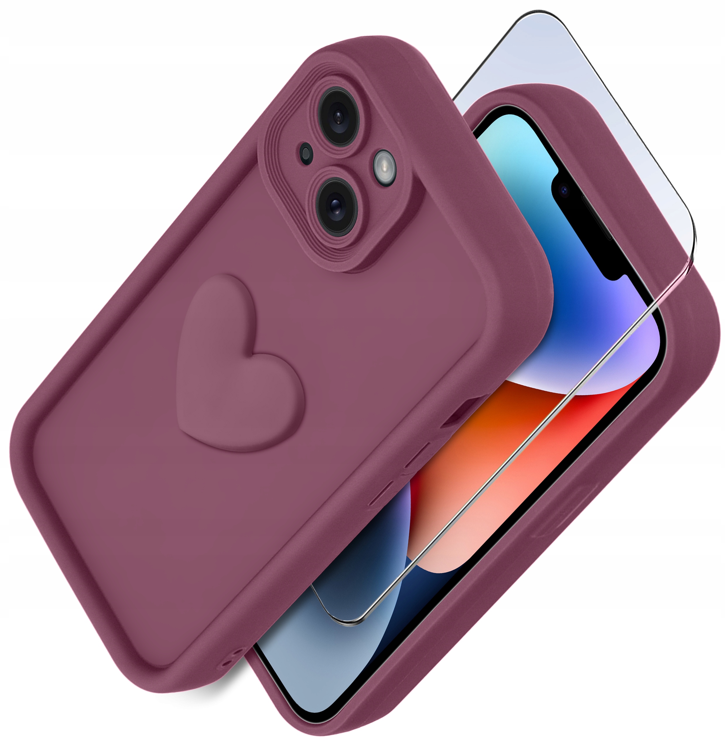 Etui do iPhone 13 | 14 silikonowe MATOWE serce + Szkło ochronne na ekran 9H – Ochrona i styl w jednym