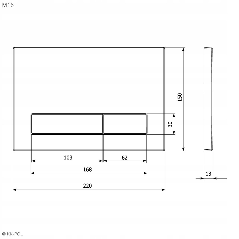 Waga i wymiary – Przycisk o wymiarach 150 x 220 x 13 mm