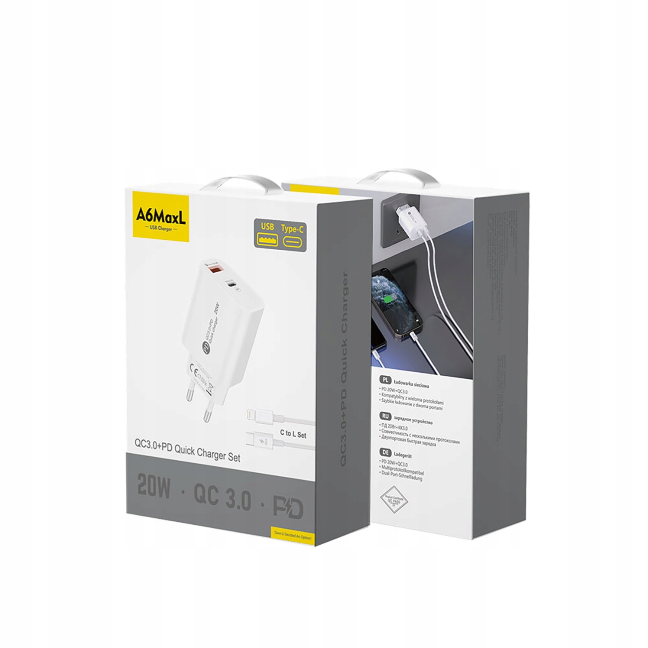 Ładowarka sieciowa A6MaxL 20W USB-A USB-C z kablem USB-C - Lightning 1m – Szybkie i uniwersalne ładowanie