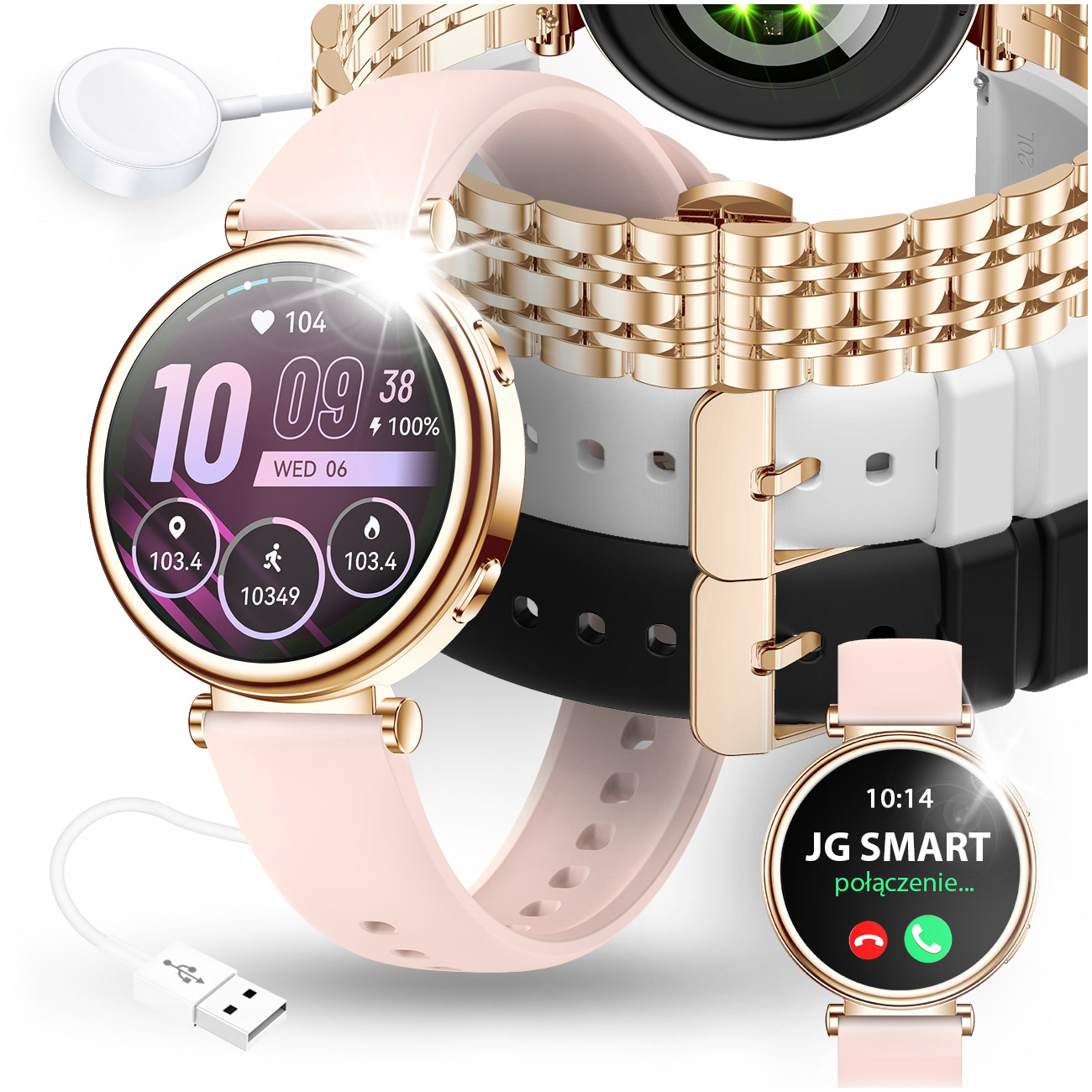 Smartwatch Damski Zegarek Menu PL Rozmowy Piękna Bransoleta Złoty + 4 Paski – Elegancja i nowoczesność w jednym
