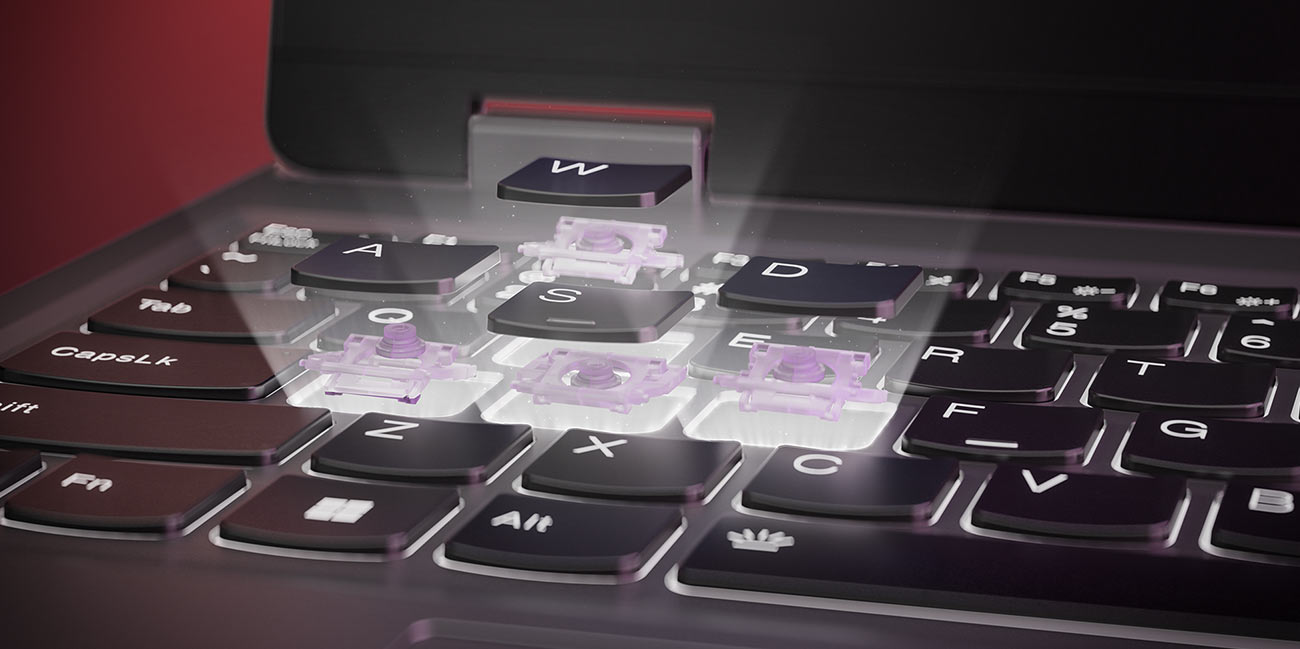 Fragment klawiatury laptopa LOQ 15ARP9 w dużym zbliżeniu, kilka klawiszy pokazane ponad klawiaturą podświetlone białym światłem, widoczny mechanizm pod klawiszem