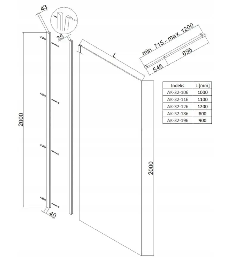 Wymiary kabiny prysznicowej Invena TREND Walk-In