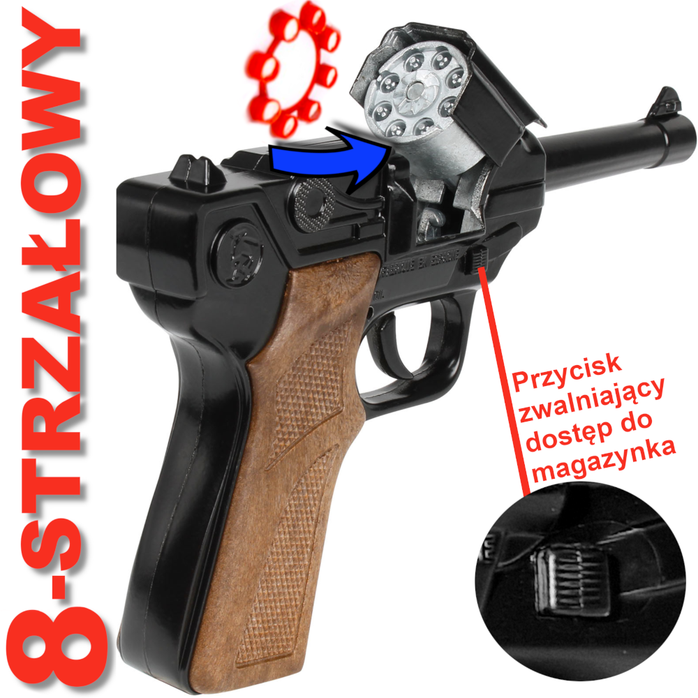 GONHER Hiszpański Metalowy Pistolet Parabellum LUGER Na Kapiszony 8-Strzałowy TOMDORIX