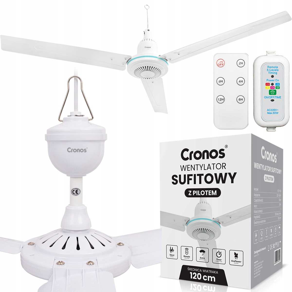 Wentylator sufitowy Cronos FC11-120 120cm Biały + pilot – Komfort i styl w Twoim wnętrzu