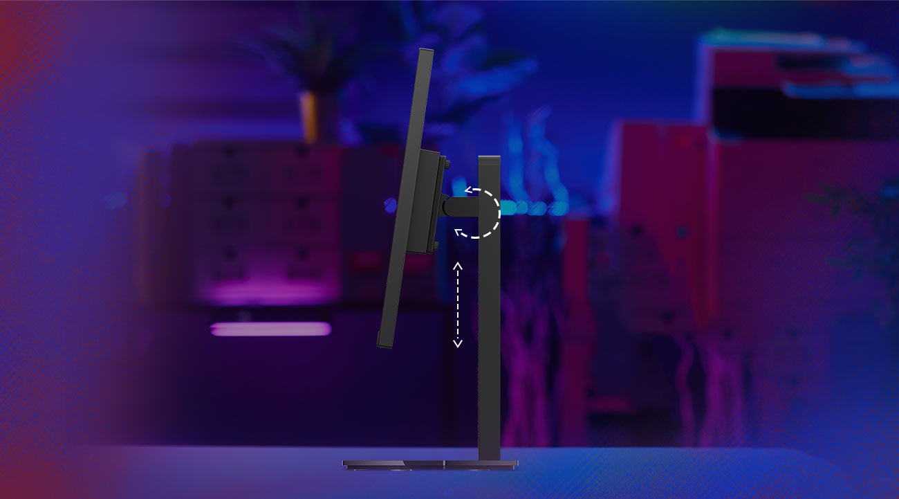 Monitor Lenovo Legion 27-10 bokiem, pokazane możliwości regulacji w pionie i kąt nachylenia