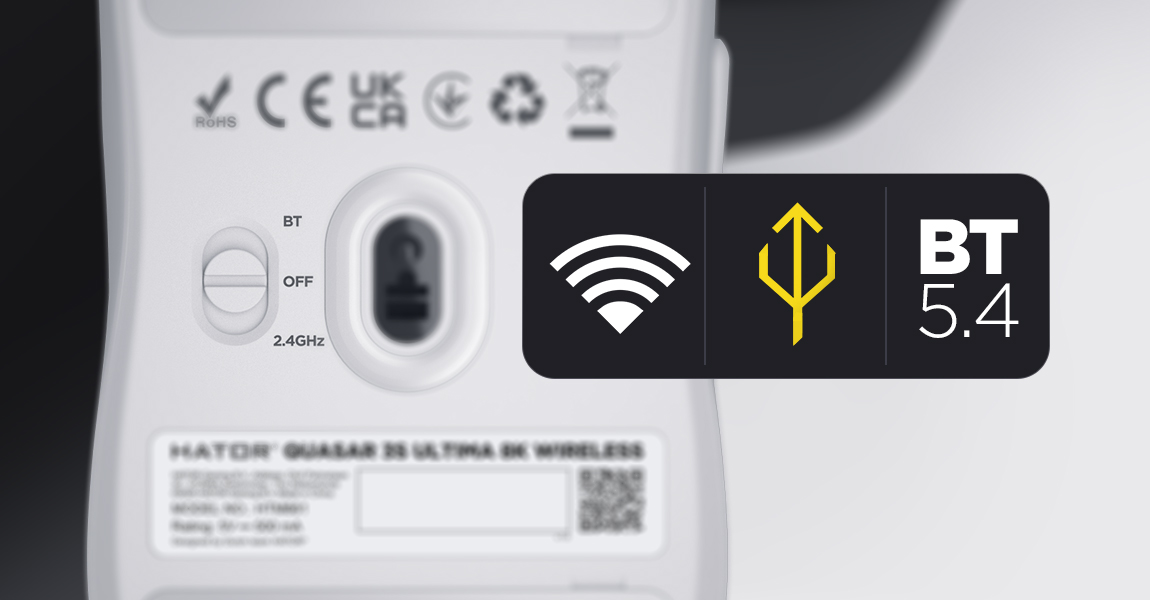 Suwak wyboru trybu BT (Bluetooth), USB i 2,4 GHz na spodzie myszy bezprzewodowej