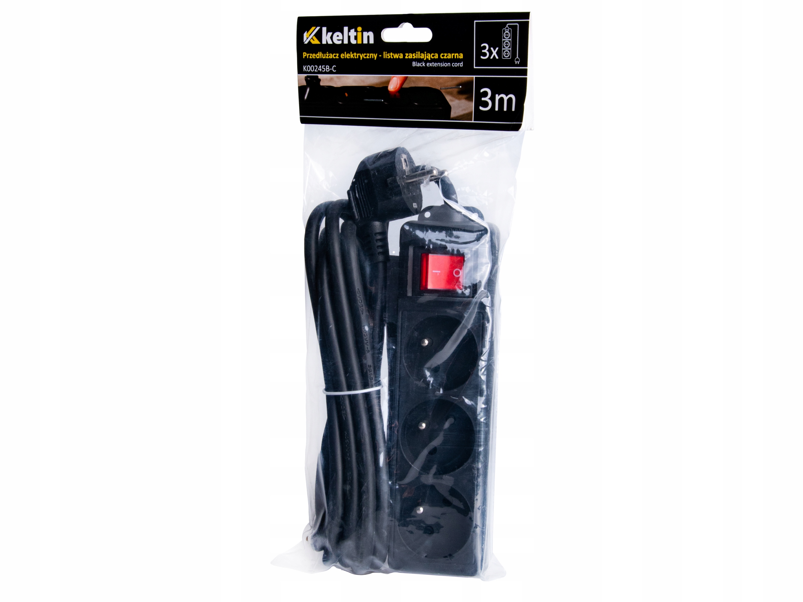 KELTIN Przedłużacz elektryczny – listwa zasilająca czarna 3 gniazda 3m