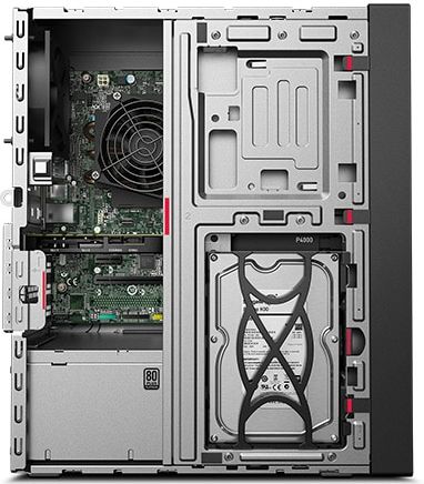 Lenovo ThinkStation P330 Tower, left side view with side panel removed showing internals.