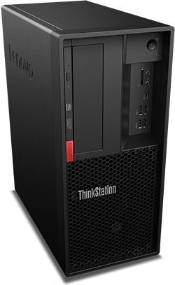 Lenovo ThinkStation P330 Tower, front left side high angle view.
