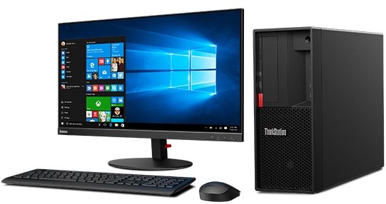 Lenovo ThinkStation P330 Tower positioned alongside monitor, keyboard, and mouse.