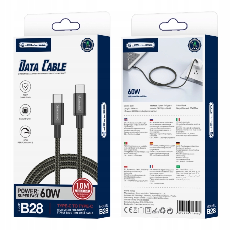 Kabel B28 USB-C - USB-C PD 60W 1M czarny – Wydajność i styl w jednym