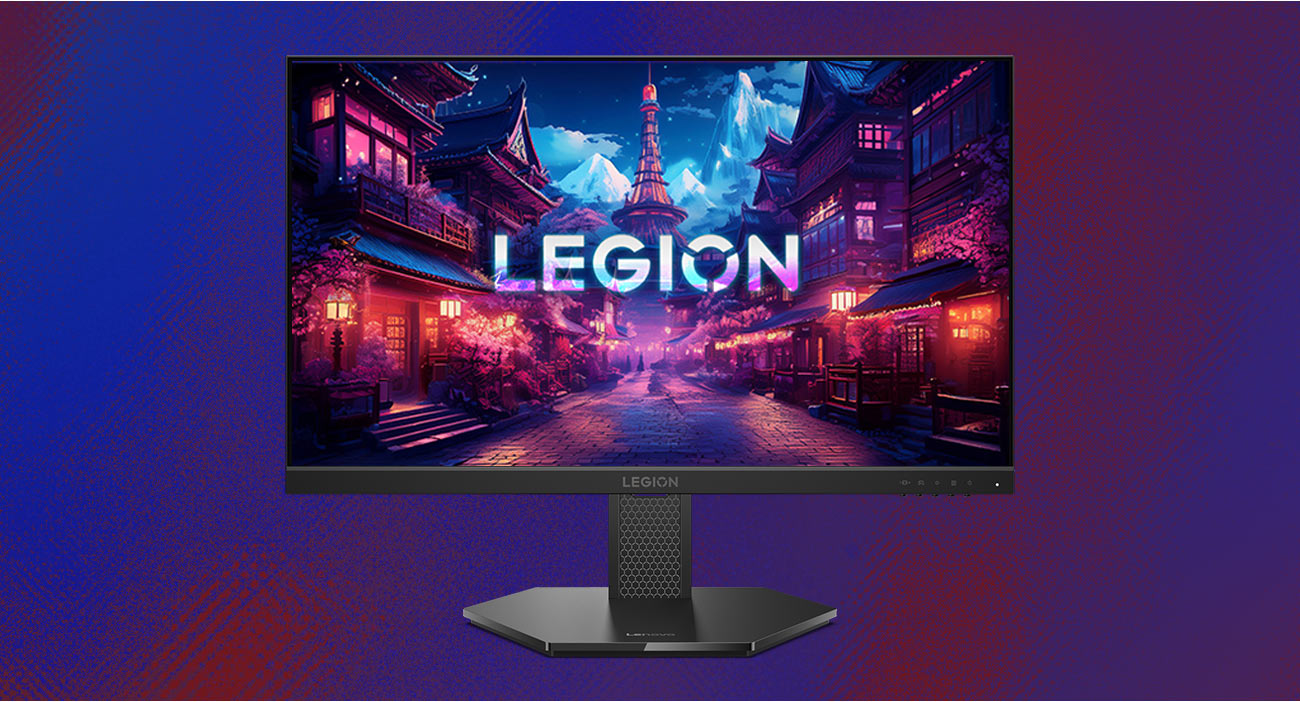 Na ekranie monitora Lenovo Legion 24-10 kolorowa tapeta i podświetlony logotyp Legion