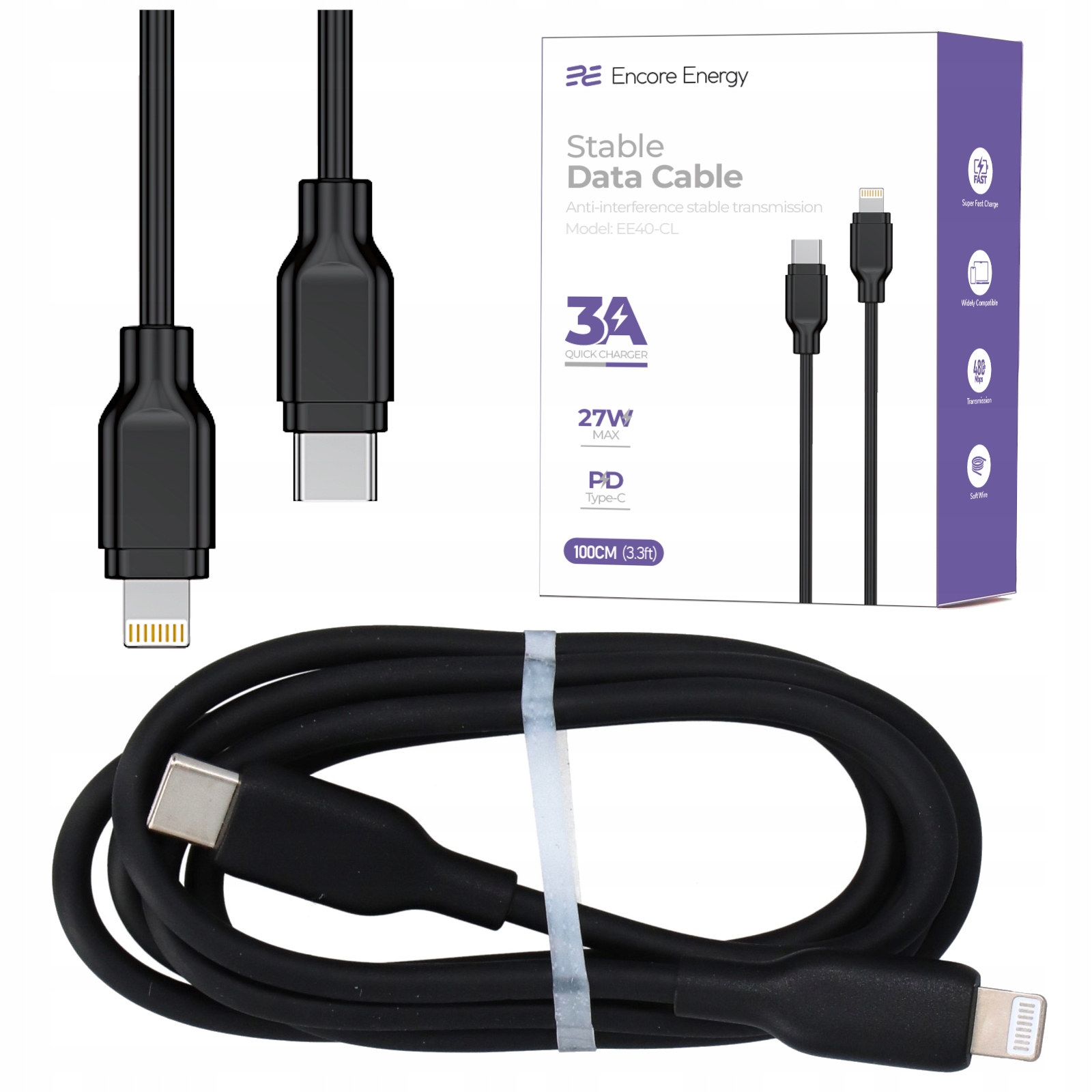 Kabel Encore Energy USB-C Lightning 3A – Szybkie ładowanie i transfer danych
