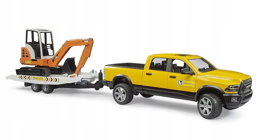 BRUDER Auto Dodge RAM 2500 Service z przyczepką i mini koparką – Idealna zabawa w budowę