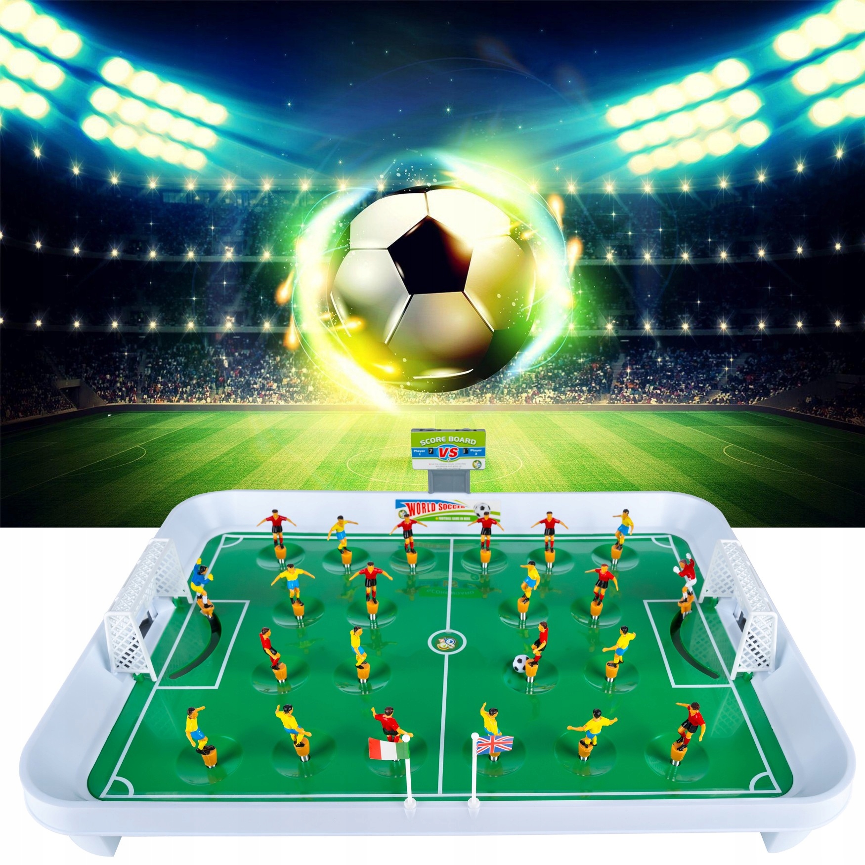 Zestaw zawiera 22 zawodników i boisko do gry