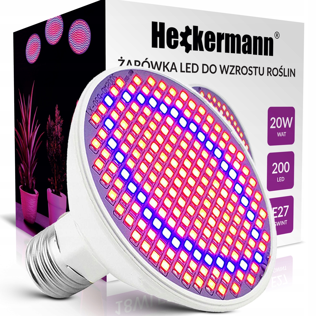 Żarówka LED GROW Heckermann 200LED 18W - Idealna do uprawy roślin