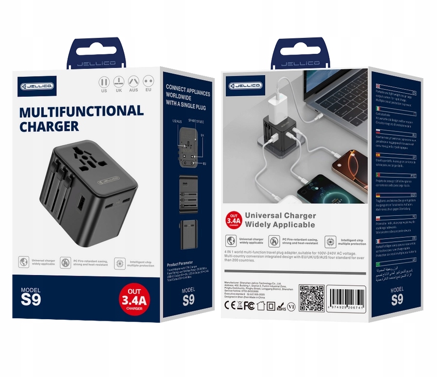 Uniwersalny adapter podróżny JELLICO S9 PD 2xUSB-C + 1xUSB 3.4A – Twój niezawodny towarzysz w podróży