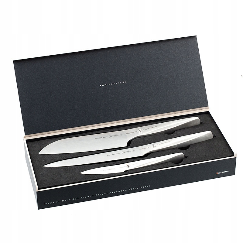 Nóż Santoku Chroma TYPE 301 HM – Zestaw 3 noży do plastrowania i obierania