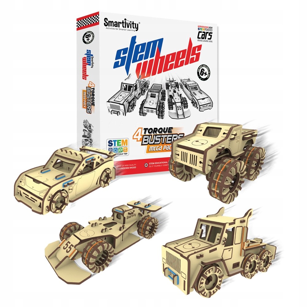 Smartivity Drewniane Mechaniczne Puzzle 3D - Zestaw 4 Samochodów – Niezapomniana przygoda wyścigowa