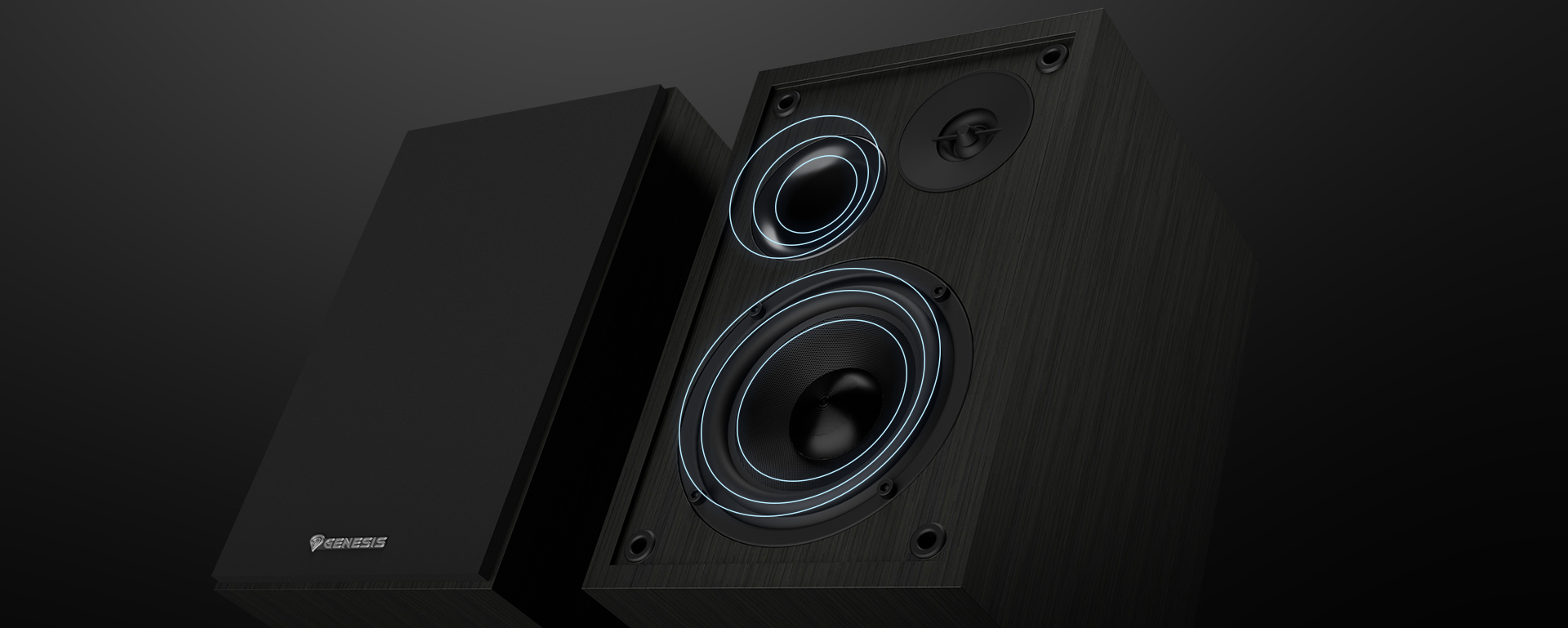 Czarne głośniki Genesis Arsen 302BT 2.0 z dwoma głośnikami niskotonowymi i głośnikiem wysokotonowym o stylowym wyglądzie.